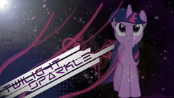 Size: 1920x1080 | Tagged: safe, artist:lugiadriel14, edit, twilight sparkle, pony, unicorn, g4, abstract background, circle, female, leaves, lighting, looking up, mare, name, smiling, solo, space, stars, translucent, unicorn twilight, wallpaper, wallpaper edit, watermark