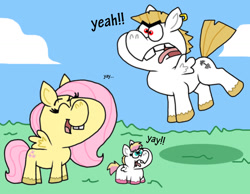 Size: 1016x787 | Tagged: safe, artist:cookie-lovey, bulk biceps, fluttershy, oc, oc:peggy, pegasus, pony, g4, 2014, baby, baby pony, cloud, eyes closed, family, female, filly, foal, grass, male, mare, offspring, open mouth, open smile, parent:bulk biceps, parent:fluttershy, parents:flutterbulk, ship:flutterbulk, shipping, sky, smiling, stallion, straight, style emulation, teeth, the fairly oddparents, tongue out, trio, yay, yeah!!!!!!!!