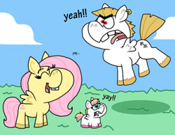 Size: 1016x787 | Tagged: safe, artist:cookie-lovey, bulk biceps, fluttershy, oc, oc:peggy, pegasus, pony, g4, 2014, baby, baby pony, cloud, description in comments, eyes closed, family, female, filly, foal, grass, male, mare, offspring, open mouth, open smile, parent:bulk biceps, parent:fluttershy, parents:flutterbulk, ship:flutterbulk, shipping, sky, smiling, stallion, straight, style emulation, teeth, the fairly oddparents, tongue out, trio, yay, yeah!!!!!!!!