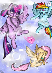 Size: 751x1063 | Tagged: safe, artist:adishu, fluttershy, rainbow dash, twilight sparkle, alicorn, pegasus, pony, g4, clothes, cowering, excited, female, glowing, glowing horn, horn, mare, scarf, simple background, snow, snowball, snowball fight, snowfall, terrified, trio, twilight sparkle (alicorn)