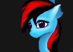 Size: 960x685 | Tagged: safe, artist:minckies, oc, oc:starburst, earth pony, pony, black background, bust, earth pony oc, female, mare, simple background, solo, torn ear