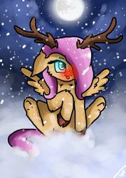 Size: 751x1063 | Tagged: safe, artist:adishu, fluttershy, pegasus, pony, g4, animal costume, antlers, cloven hooves, costume, female, full moon, mare, moon, reindeer costume, sitting, snow, snowfall, solo, starry night