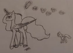 Size: 2357x1731 | Tagged: safe, artist:those kids in the corner, princess celestia, twilight sparkle, alicorn, pony, unicorn, g4, female, filly, filly twilight sparkle, foal, following, jewelry, magic, old art, regalia, smiling, telekinesis, traditional art, younger