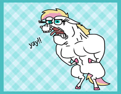 Size: 1016x787 | Tagged: safe, artist:cookie-lovey, oc, oc only, oc:peggy, pegasus, pony, 2014, bipedal, blue background, female, flexing, like father like daughter, like parent like child, mare, muscles, muscular female, offspring, older, open mouth, parent:bulk biceps, parent:fluttershy, parents:flutterbulk, plaid background, simple background, solo, tongue out, yay, yeah!!!!!!!!