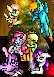 Size: 751x1063 | Tagged: safe, artist:adishu, applejack, fluttershy, pinkie pie, rainbow dash, rarity, twilight sparkle, alicorn, earth pony, pegasus, pony, unicorn, g4, christmas, christmas tree, holiday, mane six, tree, twilight sparkle (alicorn)