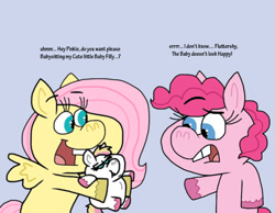 Size: 1016x787 | Tagged: safe, artist:cookie-lovey, fluttershy, pinkie pie, oc, oc:peggy, earth pony, pegasus, pony, g4, 2014, baby, baby pony, blue background, bucktooth, female, filly, foal, frown, holding a pony, mare, mother and child, mother and daughter, offspring, open mouth, open smile, parent:bulk biceps, parent:fluttershy, parents:flutterbulk, resting bitch face, simple background, smiling, style emulation, the fairly oddparents, trio, trio female