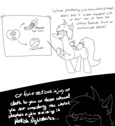 Size: 1000x1100 | Tagged: safe, artist:rubysnoot, oc, oc:ruby, earth pony, pony, catalytic converter, comic, diagram, dialogue, grayscale, male, monochrome