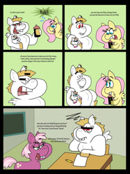 Size: 1024x1366 | Tagged: safe, artist:cookie-lovey, bulk biceps, cheerilee, fluttershy, oc, oc:peggy, earth pony, pegasus, pony, g4, 2014, annoyed, baby, baby bottle, baby pony, bucktooth, classroom, comic, desk, energy drink, family, father and child, father and daughter, female, filly, foal, frown, holding a pony, hoof hold, male, mare, offspring, open mouth, open smile, parent:bulk biceps, parent:fluttershy, parents:flutterbulk, ship:flutterbulk, shipping, smiling, stallion, straight, style emulation, the fairly oddparents