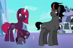 Size: 2929x1933 | Tagged: safe, artist:pastelnightyt, artist:starshade, king sombra, tempest shadow, oc, oc:crystal bomb, pony, unicorn, g4, base used, crystal, family, female, filly, foal, high res, magic, male, offspring, parent:king sombra, parent:tempest shadow, parents:sombrest, shipping, sombrest, straight
