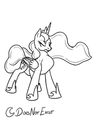 Size: 1509x2000 | Tagged: safe, artist:theandymac, princess luna, alicorn, pony, comic:luna noms her guards, g4, cartoon physics, concave belly, crown, eating, ethereal mane, ethereal tail, eyelashes, eyes closed, female, folded wings, frown, grayscale, hammerspace, hammerspace belly, helmet, hoof shoes, horn, jewelry, long mane, long tail, lunapred, mare, missing accessory, monochrome, no source available, object vore, princess shoes, regalia, simple background, slender, solo, standing, straining, swallowing, tail, thin, three quarter view, throat bulge, white background, wings