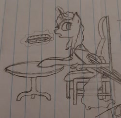 Size: 1737x1686 | Tagged: safe, artist:those kids in the corner, oc, oc:evergreen, alicorn, pony, chair, eating, female, food, looking back, magic, mare, old art, sandwich, table, telekinesis, traditional art