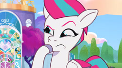 Size: 3072x1727 | Tagged: safe, screencap, zipp storm, pegasus, pony, g5, mission imponable, my little pony: tell your tale, spoiler:g5, spoiler:my little pony: tell your tale, spoiler:tyts01e49, crystal brighthouse, eyebrows, female, frown, hoof on chin, mare, raised eyebrow, solo