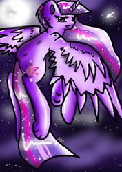 Size: 751x1063 | Tagged: safe, artist:adishu, twilight sparkle, alicorn, pony, g4, female, flying, full moon, looking at you, looking back, looking back at you, mare, moon, solo, starry background, twilight sparkle (alicorn)