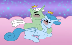 Size: 1024x651 | Tagged: safe, artist:cookie-lovey, alicorn, pony, 2014, base used, biting, blushing, crown, cuddling, ear bite, eyes closed, female, jewelry, jorgen von strangle, lying down, male, mare, ponified, prone, regalia, shipping, smiling, stallion, straight, tooth fairy