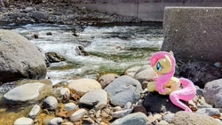 Size: 2048x1152 | Tagged: safe, photographer:pakapaka1993, fluttershy, pony, g4, cute, irl, japan, photo, plushie, river, sitting, solo, water