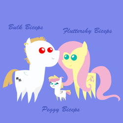Size: 1024x1024 | Tagged: safe, artist:cookie-lovey, bulk biceps, fluttershy, oc, oc:peggy, pegasus, pony, g4, 2014, baby, baby pony, family, female, filly, foal, frown, male, mare, name, offspring, parent:bulk biceps, parent:fluttershy, parents:flutterbulk, pointy ponies, purple background, ship:flutterbulk, shipping, simple background, smiling, stallion, straight, text, trio