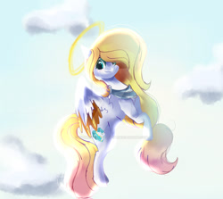 Size: 1600x1426 | Tagged: safe, artist:harmonyvitality-yt, oc, oc only, oc:angel light, pegasus, pony, cloud, colored wings, deviantart watermark, female, flying, halo, mare, obtrusive watermark, outdoors, smiling, solo, two toned wings, watermark, wings