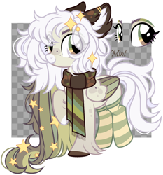 Size: 1980x2120 | Tagged: safe, artist:mint-light, oc, oc only, pegasus, pony, adoptable, checkered background, clothes, ear fluff, looking at you, male, multicolored coat, multicolored hair, multicolored mane, pegasus oc, raised hoof, scarf, signature, smiling, sparkles, stars