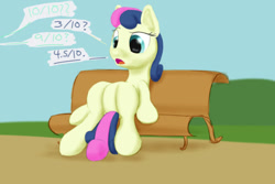 Size: 540x360 | Tagged: safe, artist:stillwaterspony, bon bon, lyra heartstrings, sweetie drops, earth pony, pony, g4, bench, dialogue, female, meme, negotiating, sitting, sitting lyra, solo