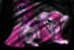 Size: 1024x704 | Tagged: safe, artist:adishu, pinkie pie, earth pony, pony, g4, crying, duo, fangs, female, looking at you, lying down, mare, pinkamena diane pie, prone, simple background