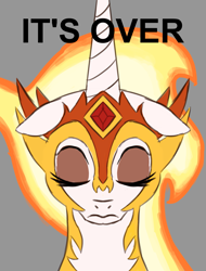 Size: 1399x1840 | Tagged: safe, artist:tazool, daybreaker, alicorn, pony, g4, april fools, april fools 2023, bust, defeated, eyes closed, female, gray background, it's over, mare, meme, ponified meme, sad, simple background, solar empire, solo