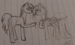 Size: 2273x1372 | Tagged: safe, artist:those kids in the corner, rainbow dash, oc, oc:prince linden, earth pony, pegasus, pony, g4, female, male, mare, old art, present, shocked, sketch, stallion, traditional art