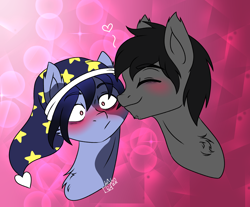 Size: 1784x1474 | Tagged: safe, artist:drawing-assassin-art, derpibooru exclusive, oc, oc only, oc:dark water, oc:moonpie, bat pony, blushing, blushing profusely, chest fluff, ear fluff, eyebrows, eyebrows visible through hair, eyes closed, eyes open, facial hair, gay, hat, male, multicolored hair, multiple fur color, oc x oc, shipping, stallion, stallion on stallion, stars