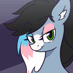 Size: 1200x1200 | Tagged: safe, artist:nova rain, oc, oc only, oc:starskipper, bat pony, pony, :p, animated, blinking, bust, commission, ear fluff, eyebrows, eyebrows visible through hair, eyeshadow, female, long tongue, makeup, mare, one eye closed, pride, pride flag, simple background, solo, tongue out, transgender pride flag, wink