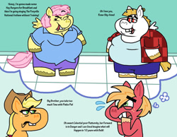 Size: 1016x787 | Tagged: safe, artist:cookie-lovey, applejack, big macintosh, bulk biceps, fluttershy, earth pony, pegasus, pony, anthro, unguligrade anthro, g4, 2014, applejack is not amused, arm hooves, bbw, belly, bhm, big belly, breasts, bucktooth, busty fluttershy, clothes, dialogue, fat, fattershy, female, frown, implied fluttermac, implied shipping, implied straight, jacket, male, mare, nervous sweat, obese, panic, plaid, rosanne, roseanne, ship:flutterbulk, shipping, shirt, ssbbw, stallion, straight, stupidity, style emulation, text, the fairly oddparents, thought bubble, unamused