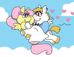 Size: 1016x787 | Tagged: safe, artist:cookie-lovey, bulk biceps, fluttershy, pegasus, pony, g4, 2014, bowtie, bridal carry, bucktooth, carrying, clothes, cloud, dress, female, floating heart, flower, flower in hair, flying, heart, just married, looking at each other, looking at someone, male, mare, ship:flutterbulk, shipping, sky, smiling, smiling at each other, stallion, straight, style emulation, suit, the fairly oddparents, tuxedo, wedding dress