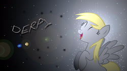 Size: 1920x1080 | Tagged: safe, artist:lugiadriel14, artist:spaceponies, edit, derpy hooves, pegasus, pony, g4, eyes closed, female, flying, gradient background, happy, lighting, mare, name, open mouth, open smile, smiling, solo, space, spread wings, stars, wallpaper, wallpaper edit, watermark, wings
