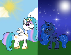 Size: 1016x787 | Tagged: safe, artist:cookie-lovey, princess celestia, princess luna, alicorn, pony, g4, 2014, cloud, day, duo, duo female, female, frown, grass, height difference, lidded eyes, luna is not amused, moon, narrowed eyes, night, royal sisters, siblings, sisters, sky, smiling, spread wings, stars, style emulation, sun, the fairly oddparents, unamused, wings