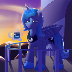 Size: 2048x2048 | Tagged: safe, artist:luther, princess luna, alicorn, pony, g4, coffee, feathered wings, female, folded wings, high res, mare, standing, sunrise, tired, wings