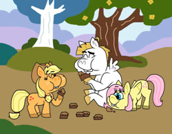 Size: 1016x787 | Tagged: safe, artist:cookie-lovey, applejack, bulk biceps, fluttershy, earth pony, pegasus, pony, g4, 2014, apple brown betty (food), bucktooth, eating, eyes closed, female, flower, food, head down, hill, male, mare, path, puffy cheeks, ship:flutterbulk, shipping, sitting, smiling, stallion, straight, style emulation, the fairly oddparents, tree, trio