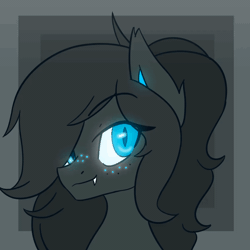 Size: 1200x1200 | Tagged: safe, artist:nova rain, oc, oc only, oc:umbra glow, bat pony, pony, animated, bust, clothes, commission, ear fluff, eyebrows, eyebrows visible through hair, eyes closed, fangs, female, glowing, glowing eyes, latex, latex socks, mare, simple background, smiling, socks, solo