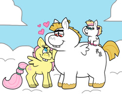 Size: 1016x787 | Tagged: safe, artist:cookie-lovey, bulk biceps, fluttershy, oc, oc:peggy, pegasus, pony, g4, 2014, baby, baby pony, bucktooth, cloud, family, fat, female, filly, floating heart, foal, heart, height difference, looking at each other, looking at someone, looking down, looking up, male, nuzzling, offspring, on a cloud, one eye closed, parent:bulk biceps, parent:fluttershy, parents:flutterbulk, ship:flutterbulk, shipping, size difference, sky, smaller female, smiling, smiling at each other, standing on a cloud, straight, style emulation, the fairly oddparents, trio