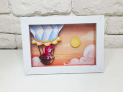 Size: 1280x960 | Tagged: safe, artist:_ellashi_, artist:made_by_franch, pinkie pie, earth pony, pony, g4, balloon, cloud, craft, diorama, framed picture, handmade, hot air balloon, irl, ocean, photo, solo, sunset, water