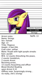 Size: 806x1440 | Tagged: safe, artist:fastballncs, oc, oc only, oc:strings, mug shot