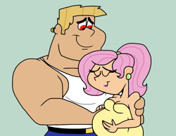 Size: 1016x787 | Tagged: safe, artist:cookie-lovey, bulk biceps, fluttershy, human, g4, 2014, alternate hairstyle, bare shoulders, clothes, dress, ear piercing, earring, eyes closed, female, green eyes, height difference, humanized, jewelry, larger male, looking down, male, muscles, muscular male, piercing, ponytail, preggoshy, pregnant, ship:flutterbulk, shipping, smaller female, smiling, straight, style emulation, tank top, the fairly oddparents