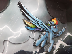 Size: 1280x960 | Tagged: safe, artist:made_by_franch, rainbow dash, pegasus, pony, g4, art, craft, diorama, figure, flying, handmade, lightning, ocean, rain, solo, storm, stormcloud, water
