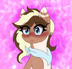 Size: 2200x2100 | Tagged: safe, artist:drawing-assassin-art, derpibooru exclusive, oc, oc only, oc:boston cream, earth pony, pony, abstract background, bandana, blushing, blushing profusely, eyebrows, eyebrows visible through hair, eyelashes, female, freckles, high res, mare, old art, open mouth, two toned coat, two toned mane, wide eyes