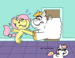 Size: 1016x787 | Tagged: safe, artist:cookie-lovey, bulk biceps, fluttershy, oc, oc:peggy, pegasus, pony, g4, 2014, alternate hairstyle, bucktooth, dialogue, door, eyes closed, family, fat, female, filly, foal, frown, indoors, larger male, male, mare, offspring, parent:bulk biceps, parent:fluttershy, parents:flutterbulk, pulling, ship:flutterbulk, shipping, smaller female, stallion, straight, stuck, style emulation, sweat, text, the fairly oddparents, trio