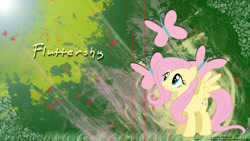 Size: 1920x1080 | Tagged: safe, artist:lugiadriel14, artist:makintosh91, edit, fluttershy, pegasus, pony, g4, abstract background, cutie mark, feathered wings, female, grass, leaves, lighting, looking up, mare, name, smiling, solo, spread wings, wallpaper, wallpaper edit, watermark, wings