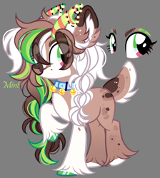 Size: 1773x1982 | Tagged: safe, artist:mint-light, oc, oc only, earth pony, pony, adoptable, cow horns, ear fluff, earth pony oc, female, hair over eyes, horns, looking at you, multicolored coat, multicolored hair, multicolored mane, signature, simple background, unshorn fetlocks