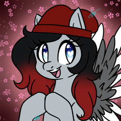 Size: 1600x1600 | Tagged: safe, artist:drawing-assassin-art, derpibooru exclusive, oc, oc only, unnamed oc, pegasus, pony, beanie, bust, colored wings, dyed mane, female, flower, hat, heart, heart eyes, hooves together, long hair, looking at you, mare, open mouth, pegasus oc, simple background, smiling, smiling at you, spread wings, two toned mane, two toned wings, wing fluff, wingding eyes, wings