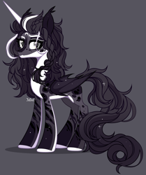 Size: 3156x3774 | Tagged: safe, artist:mint-light, oc, oc only, alicorn, bat pony, bat pony alicorn, pony, alicorn oc, ambiguous gender, bat ears, bat wings, black coat, countershading, eyeshadow, grimace, hair braid, high res, horn, looking at you, makeup, mottled coat, pale belly, signature, slender, sparkles, thin, white belly, white hooves, wings