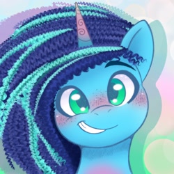 Size: 2048x2048 | Tagged: safe, artist:balychen, part of a set, misty brightdawn, pony, unicorn, g5, blushing, bust, cute, daaaaaaaaaaaw, female, freckles, grin, high res, mare, mistybetes, portrait, smiling, solo, weapons-grade cute