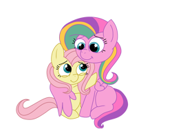 Size: 1366x1024 | Tagged: artist needed, source needed, safe, fluttershy, ploomette, pony, g4, duo, female, filly, filly fluttershy, hug, siblings, simple background, sisters, transparent background, younger