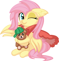 Size: 6868x7101 | Tagged: safe, artist:cyanlightning, fluttershy, pegasus, pony, g4, .svg available, absurd resolution, cape, clothes, cute, female, filly, foal, holding, hug, one eye closed, plushie, shyabetes, simple background, sitting, solo, teddy bear, transparent background, vector, wink, younger