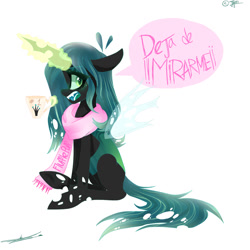 Size: 1024x1024 | Tagged: safe, artist:jgreti, queen chrysalis, changeling, changeling queen, g4, clothes, implied chrysipuff, implied shipping, mug, scarf, simple background, solo, spanish, speech bubble, white background